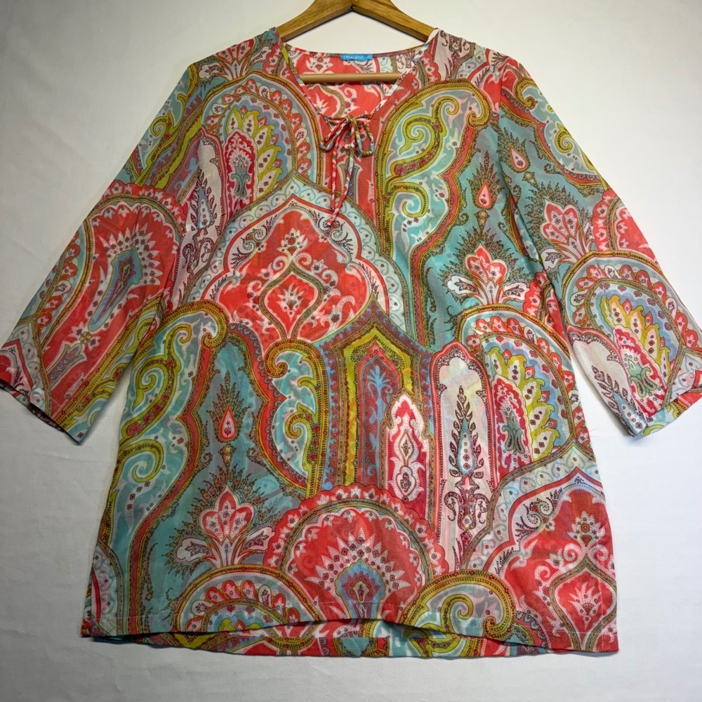 J McLaughlin Paisley Cotton Blouse M Coral Aqua Coastal Resort Vacation Top